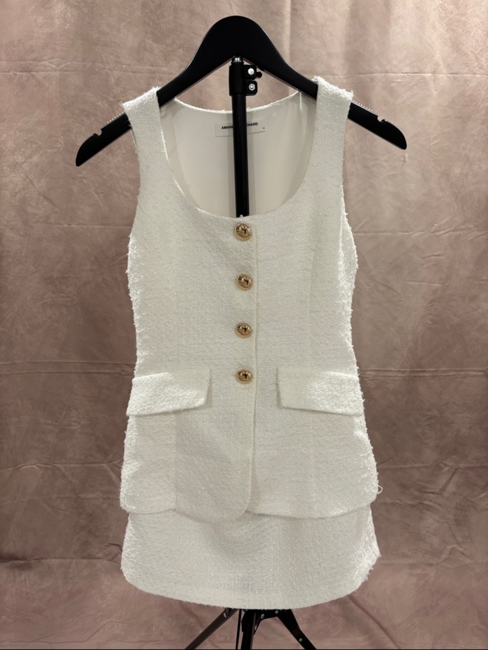 Amanda Uprichard White Bouclé Mini Dress with Gold Buttons